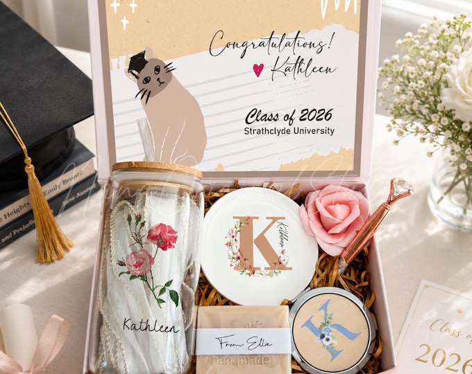 Graduation Gift Box For Women, Present Box With Glass Cup For Her, Recent Graduate Care Package, Round Gold Rim Dish Admission Gifts
