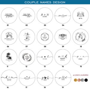 May include: A grid of nineteen circular designs labeled 01 through 19, featuring black ink illustrations and text on a white background. The designs include various couple names, dates, and motifs like hearts, skeletons, and landscapes. Four color circles are shown.