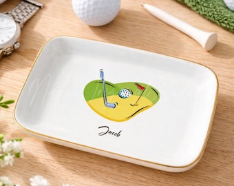 Personlig ringfat för golfälskare, smyckesbricka med namn för golfare, golfhobbypresent till honom och henne, golfminnesfat med smycken