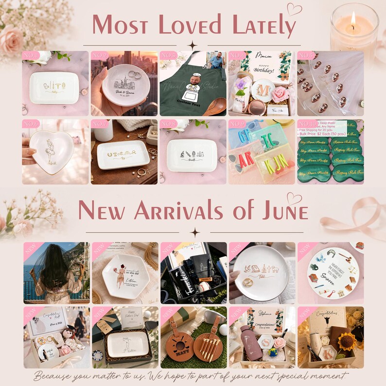 May include: A promotional image showcasing various gift items. Featured are decorative plates, ring dishes, an apron, and gift boxes. The text "Most Loved Lately" and "New Arrivals of June" are displayed. The image has a soft, romantic aesthetic.