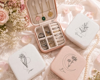 Personalized Birth Month Flower Jewelry Box, Custom Name Travel Jewelry Case, Bridesmaid Gift, Birthday Gift for Her, Graduation Gift