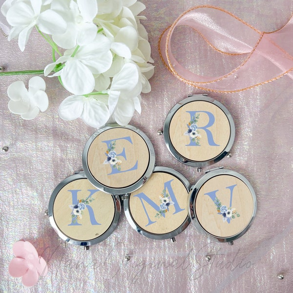 Floral Initial Compact Mirror, Graduation Gift for Her, Blue Flower Pocket Mirror, Bridesmaid Makeup Mirror, Travel Mirror, Birthday Gift