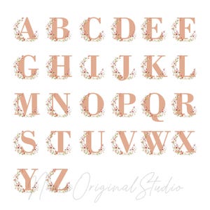 K&ouml;nnte beinhalten: Eine Sammlung von Buchstaben in einem sanften Pfirsichton, jeweils umgeben von einem floralen Kranz. Die Buchstaben sind in einem Raster angeordnet, das das gesamte Alphabet zeigt. Der Hintergrund ist wei&szlig;.