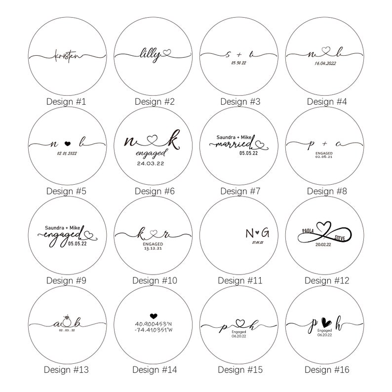 May include: A collection of sixteen circular designs with black text and graphics. Each design features names, dates, or phrases like "engaged" or "married." The designs are intended for personalized gifts or announcements.