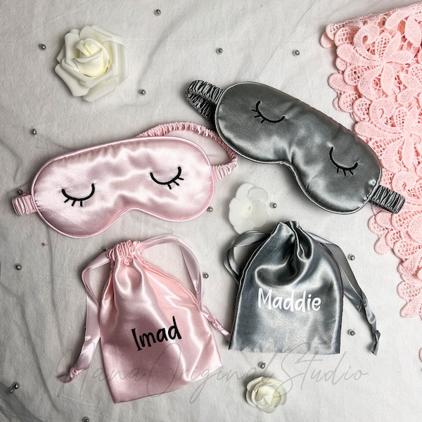 Personalized Sleep Eye Mask with Pouch, Soft Mulberry Silk Mask for Travel Sleep, Bridesmaid Eye Mask, Sleepover Gift for Her