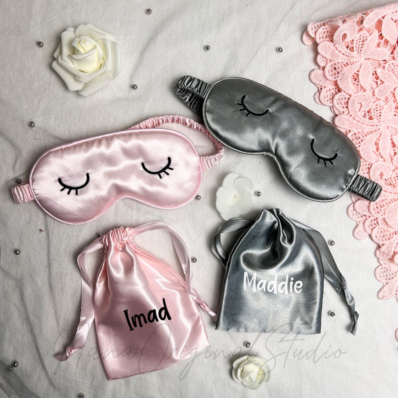 Personalized Sleep Eye Mask with Pouch, Soft Mulberry Silk Mask for Travel Sleep, Bridesmaid Eye Mask, Sleepover Gift for Her image 1