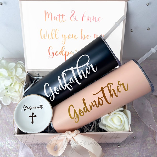 Godparent Proposal Gift Box, Baptism Gift Set With Black&Pink Tumbler, Godmother Proposal Gift, Will you Be My Godparents Keepsake _NNP4