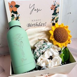 Birthday Gift Box for MOM, Crochet Sunflower Bouquet Box, Self Care Box, Bridesmaid Proposal Gift with Engraved Tumbler