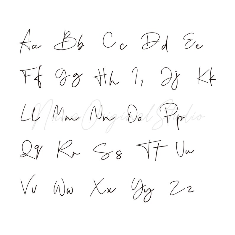 May include: A white background displays the alphabet in a handwritten cursive font. Each letter, from A to Z, is presented in both uppercase and lowercase forms. The elegant, flowing script is in black ink.