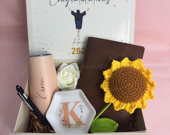 Graduation Gift Box for Her, Custom Grad Keepsake with Name and Year, Personalized Tumbler, Jewelry Dish, Sunflower Crochet Flower