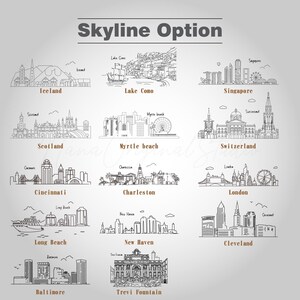 Op de afbeelding: Zwart-wit illustraties van stadsgezichten, waaronder IJsland, Comomeer, Singapore, Schotland, Myrtle Beach, Zwitserland, Cincinnati, Charleston, Londen, Long Beach, New Haven, Cleveland, Baltimore en Trevifontein. De tekst "Skyline Option" staat bovenaan.