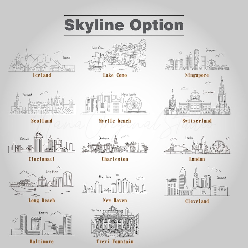 Op de afbeelding: Zwart-wit illustraties van stadsgezichten, waaronder IJsland, Comomeer, Singapore, Schotland, Myrtle Beach, Zwitserland, Cincinnati, Charleston, Londen, Long Beach, New Haven, Cleveland, Baltimore en Trevifontein. De tekst "Skyline Option" staat bovenaan.