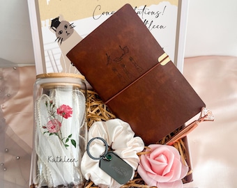 Personalized Graduation Gift Box, Congrats Grad Surprise Box For Her, Notebook Glass Cup Gift Basket With Name, University Graduated Present