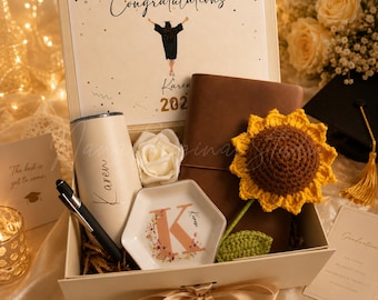 Sunflower Crochet Flower Box, Personalized Graduation Gift Box for Her, Personalized Tumbler, Jewelry Dish, Journal, Class of 2026 Gift