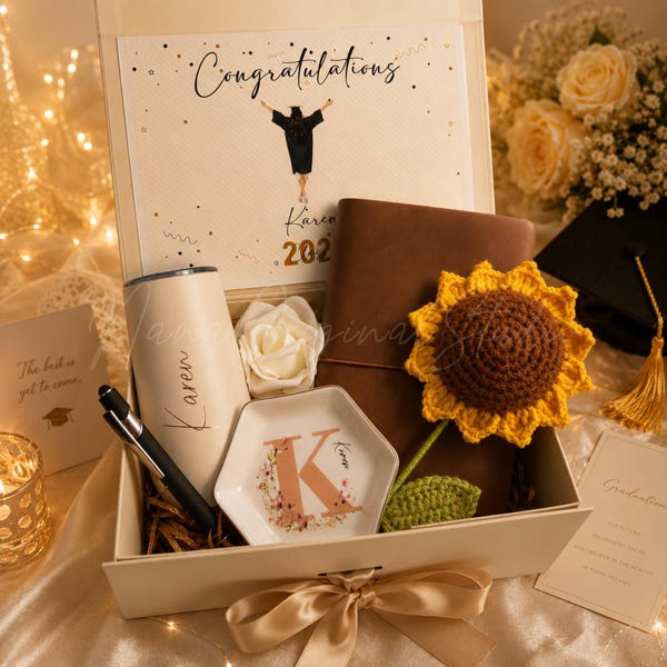 Caixa de crochê com girassol, caixa de presente personalizada para formatura, copo térmico personalizado, porta-joias, caderno, presente para a turma de 2026
