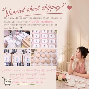K&ouml;nnte beinhalten: Das Bild zeigt eine Vielzahl von Produkten, darunter Kompaktspiegel und kleine, rechteckige Tabletts mit dekorativen Designs. Der Text im Bild lautet "Worried about shipping?" und "Distance has never stopped thoughtful products from finding the right people."