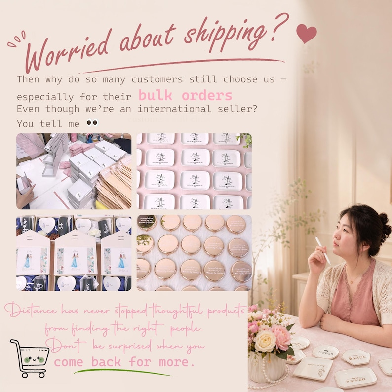 K&ouml;nnte beinhalten: Das Bild zeigt eine Vielzahl von Produkten, darunter Kompaktspiegel und kleine, rechteckige Tabletts mit dekorativen Designs. Der Text im Bild lautet "Worried about shipping?" und "Distance has never stopped thoughtful products from finding the right people."