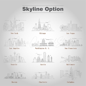 Op de afbeelding: Handgetekende illustraties van stadsgezichten, waaronder New York, Chicago, Las Vegas, Los Angeles, Washington D.C., San Francisco, Seattle, Austin, Baltimore, Boston, Charlotte en Columbus. De tekst "Skyline Option" staat bovenaan.