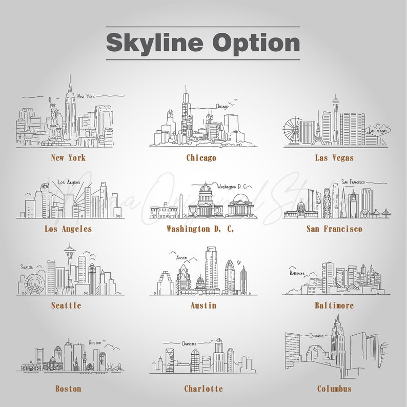 Op de afbeelding: Handgetekende illustraties van stadsgezichten, waaronder New York, Chicago, Las Vegas, Los Angeles, Washington D.C., San Francisco, Seattle, Austin, Baltimore, Boston, Charlotte en Columbus. De tekst "Skyline Option" staat bovenaan.
