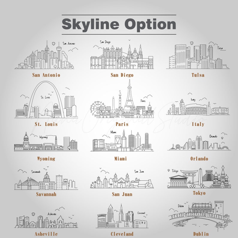 Op de afbeelding: Zwart-wit lijntekeningen van stadsgezichten. De afbeelding toont de skylines van San Antonio, San Diego, Tulsa, St. Louis, Parijs, Itali&euml;, Wyoming, Miami, Orlando, Savannah, San Juan, Tokio, Asheville, Cleveland en Dublin.