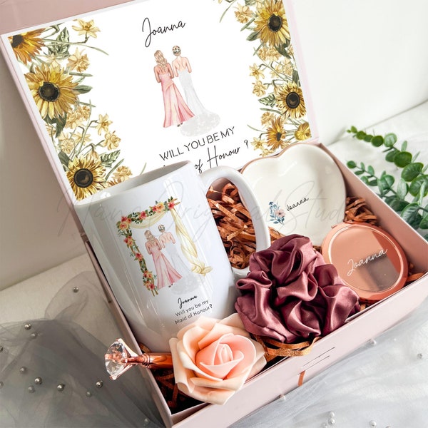Wedding Bridesmaid Proposal Box, Bridesmaid Gift Box set, Custom Sunflower Invitation Card, Maid of Honor Box With Mug, Wedding Favors