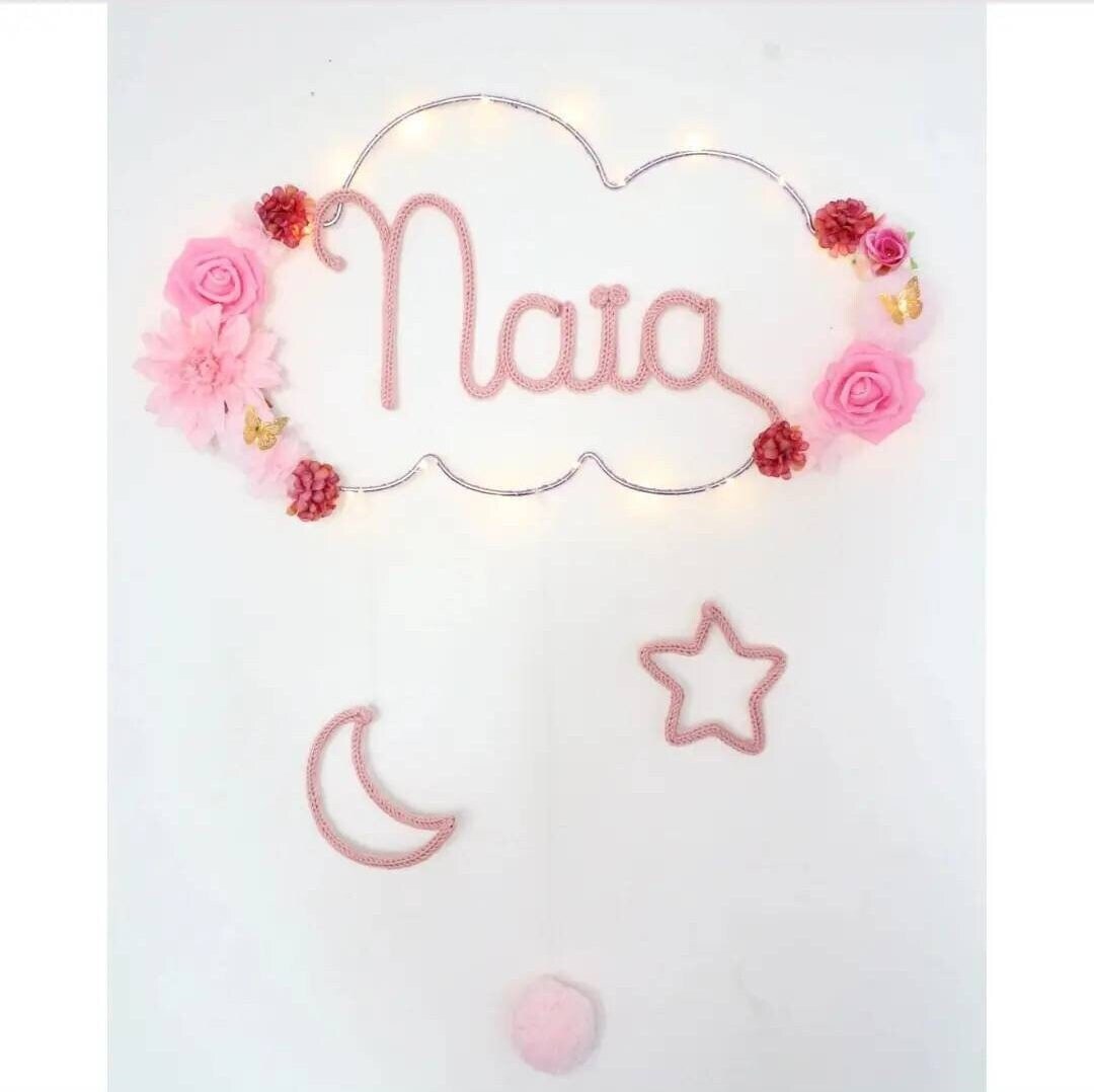 Veilleuse Nuage Personnalisé Prénom en Tricotin, Décoration Chambre Bébé Lune Étoile Mobile Pour Cad
