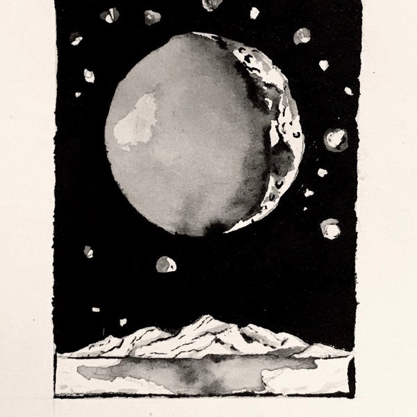 Spiritual Moon, Mountain, Lake Sumi Ink Drawing Original 4'' x 5''