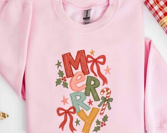 Merry Candy Cane Bow Stars Christmas Sweatshirt, Festive Holiday Letter Hoodie, Cute Winter Word Art Shirt, Seasonal Holiday Apparel Gift