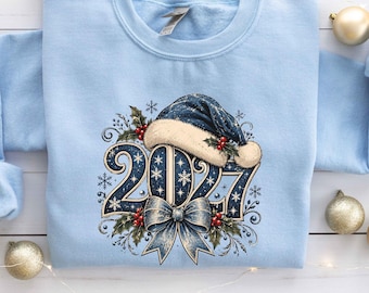 2027 Blue Santa Hat Snowflakes Bow Numbers Sweatshirt, Festive Holiday Celebration Hoodie, Cute Winter Party Shirt, Seasonal Holiday Gift