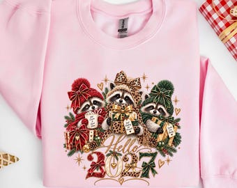 Hello 2027 Raccoons Santa Hats Gifts Sweatshirt, Festive Holiday Celebration Hoodie, Cute Winter Party Shirt, Seasonal Holiday Apparel Gift