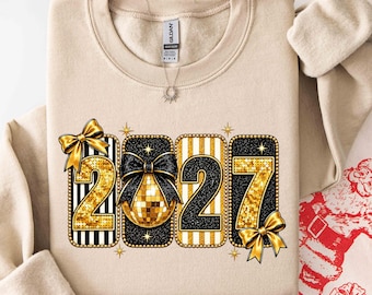 2027 Disco Ball Black Bow Stripes Sweatshirt, Festive Holiday Celebration Hoodie, Cute Winter Party Shirt, Seasonal Holiday Apparel Gift