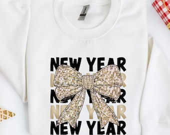 New Year Gold Bow Typography Sweatshirt, Festive Holiday Celebration Hoodie, Cute Winter Party Shirt, Seasonal New Year Shirt, Holiday Gift