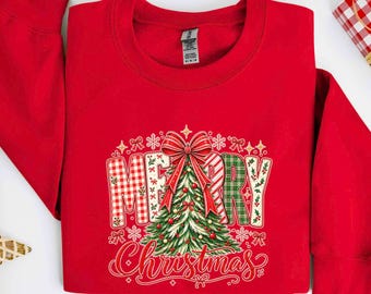 Merry Christmas Buffalo Plaid Tree Bow Christmas Sweatshirt, Festive Tree Hoodie, Cute Winter Word Art Shirt, Seasonal Holiday Apparel Gift