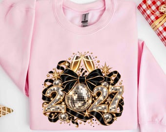 2027 Disco Ball Black Bow Champagne Glasses Sweatshirt, Festive Holiday Celebration Hoodie, Cute Winter Party Shirt, Holiday Apparel Gift