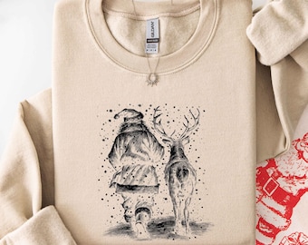 Santa And Reindeer Walking Away Christmas Sweatshirt, Festive Holiday Claus Hoodie, Cute Winter Animal Shirt, Seasonal Holiday Apparel Gift