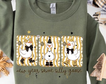 New Year Same Silly Goose Gold Striped Bow Party Geese Sweatshirt, Festive Celebration Hoodie, Cute Winter Party Shirt, Holiday Apparel Gift