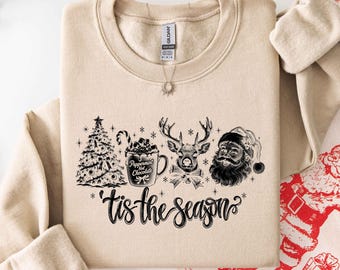 Tis The Season Tree Hot Cocoa Reindeer Santa Christmas Sweatshirt, Festive Hoodie, Cute Winter Doodle Shirt, Winter Holiday Apparel Gift
