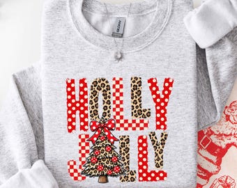 Holly Jolly Buffalo Plaid Leopard Tree Christmas Sweatshirt, Festive Holiday Word Art Hoodie, Cute Winter Shirt, Holiday Season Apparel Gift