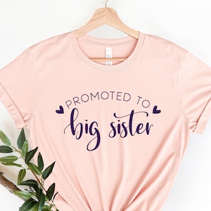 May include: A pink t-shirt with the text "Promoted to big sister" in purple lettering with two small hearts on either side of the text.