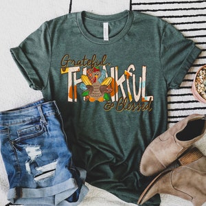 Dankbaar, dankbaar, gezegend met Turkije shirt, Thanksgiving T-shirt, Fall Vibes shirt, Fall Turkije shirt, Thanksgiving familie shirts