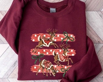 Triple Reindeer Red Polka Dot Stripes Bow Christmas Sweatshirt, Festive Deer Hoodie, Cute Winter Animal Shirt, Seasonal Holiday Apparel Gift