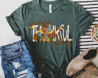 Dankbar, dankbar, gesegnet mit Türkei Shirt, Thanksgiving T-Shirt, Herbst Vibes Shirt, Fall Türkei Shirt, Thanksgiving Familie Shirts