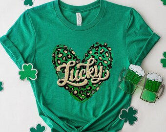 Lucky Leopard Heart Shirt, Leopard Heart Lucky Shirt, St Patricks Day Shirt, Irish Day Shirt, Clover Shirt, Women St Paddy Day Shirt