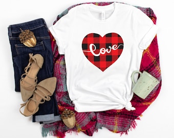 aihihe Valentines Day Shirts for Women Teen Girl Buffalo Plaid Love Heart Graphic Tee T Shirts Cute Graphic Tops Blouse