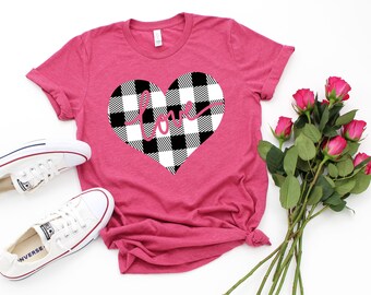 Valentines Day Tshirt for Women,Chaofanjiancai Ladies Short Sleeve Plaid Heart Graphic Shirts Blouse Tops