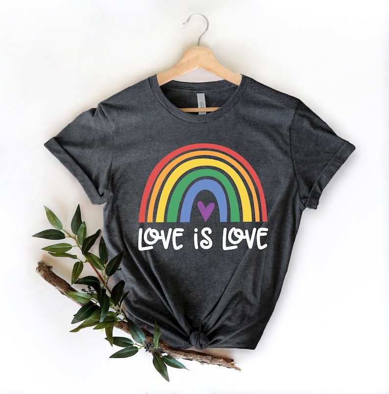 Puede incluir: Una camiseta gris oscuro con un arco&iacute;ris y el texto "LOVE IS LOVE" impreso en la parte delantera.