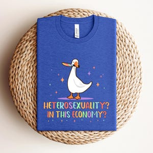 K&ouml;nnte beinhalten: Ein blaues T-Shirt mit einer wei&szlig;en Gans, die ein regenbogenfarbenes Messer h&auml;lt. Der Text auf dem T-Shirt lautet "Heterosexuality? In this economy?"
