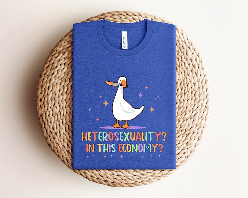 K&ouml;nnte beinhalten: Ein blaues T-Shirt mit einer wei&szlig;en Gans, die ein regenbogenfarbenes Messer h&auml;lt. Der Text auf dem T-Shirt lautet "Heterosexuality? In this economy?"