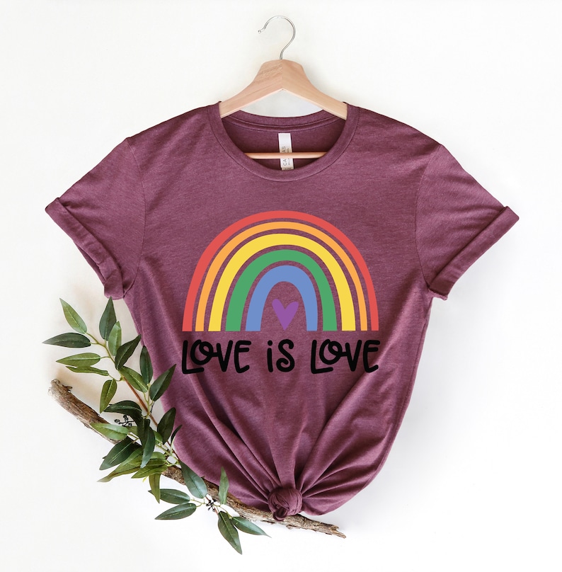 Puede incluir: Una camiseta de color granate con un arco&iacute;ris y el texto "LOVE IS LOVE" impreso en la parte delantera.