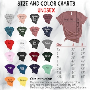May include: Unisex size and color chart for t-shirts. The chart shows 16 different colors, including heather peach, dark grey, maroon, forest, navy, white, asphalt, black, mint, and more. The chart also includes a size chart with measurements in inches for chest and body length.
